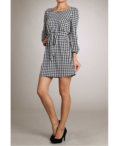 Houndstooth Scoop Neck Dress with Red Bow