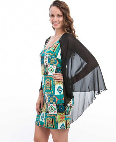 Draped Sleeve Aqua Quilt Plus Size Dress