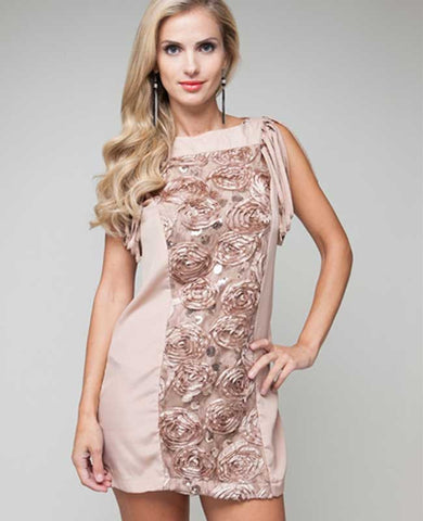 Sequin & Twisted Floral Beige Dress