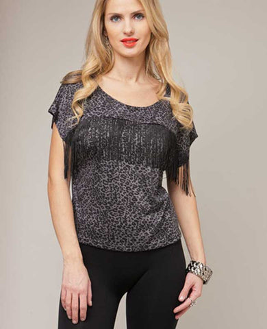 Fringe Trim Black Cheetah Top