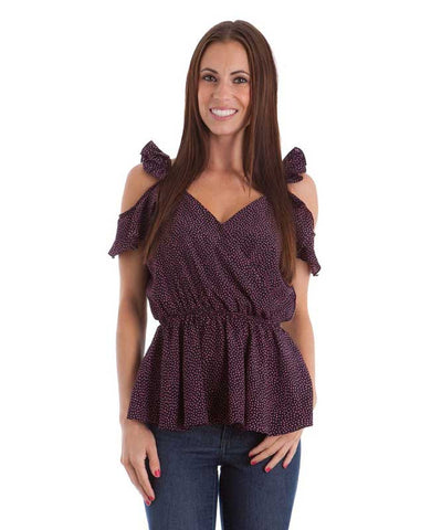 Black Mini Dot Wrap Front Cut Our Shoulders Ruffle Trim Peplum Waist Top