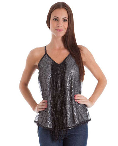 Black and Silver Long Fringe Hanging Front V-Neck Racer Back Sequined Top