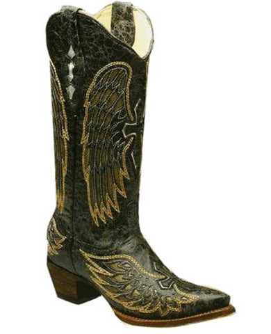 Corral Black/Gold/Silver Angel Wing Boots With Cross