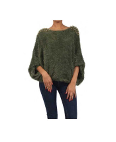 Green Sweater with Gold Studded Shoulders