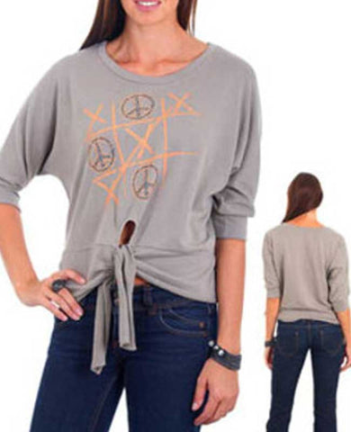 Light Grey Tic, Tac, Toe Key Hole Tie Front Casual Top